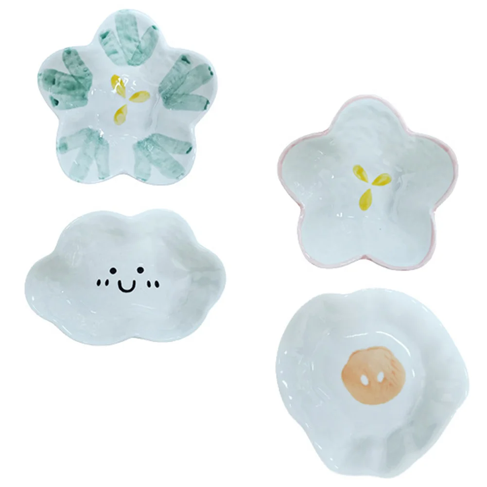 

4Pcs Mini Lovely Ceramic Seasoning Dishes Flower Shape Food Dipping Bowls Trinket Plate Kitchen Sauce Flavor Dishes