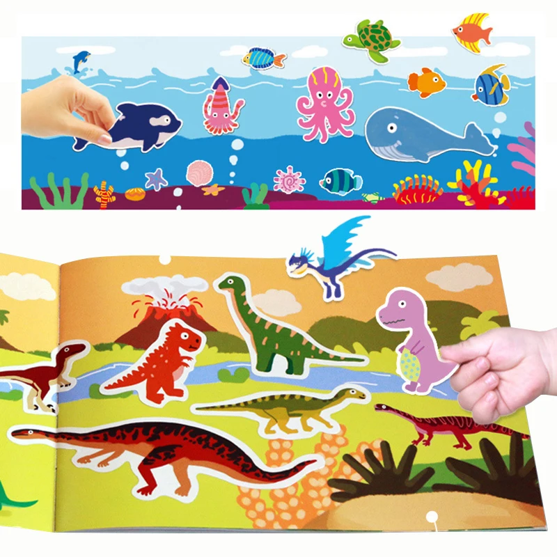 Children Cartoon Sticker Books DIY Puzzle Creation Scenes Animal Dinosaur Ocean Stickers Kids Concentration Training Games Toys