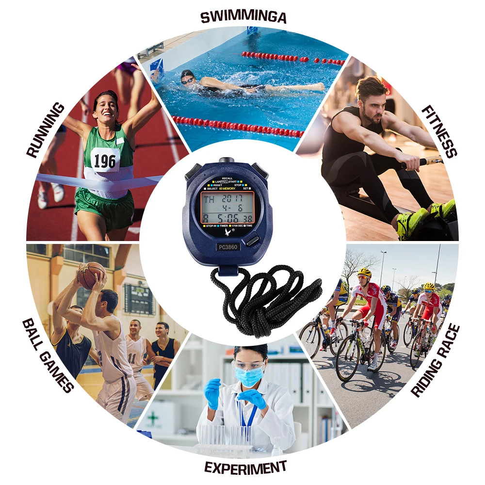 

Running Swimming Sports Three Rows 60 Memories Handed Stopwatch with Countdown Alarm Pacer Time Temperature Display Stopwatch