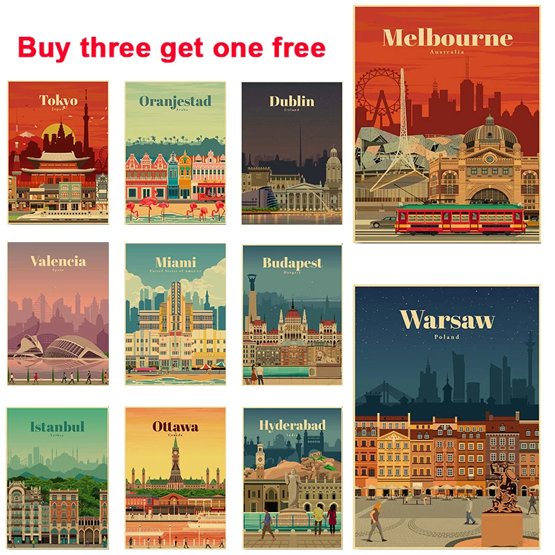 

Buy Three Get One Free City Landmark Architecture Landscape Retro Kraft Paper Art Painting Study Wall Decoration Poster