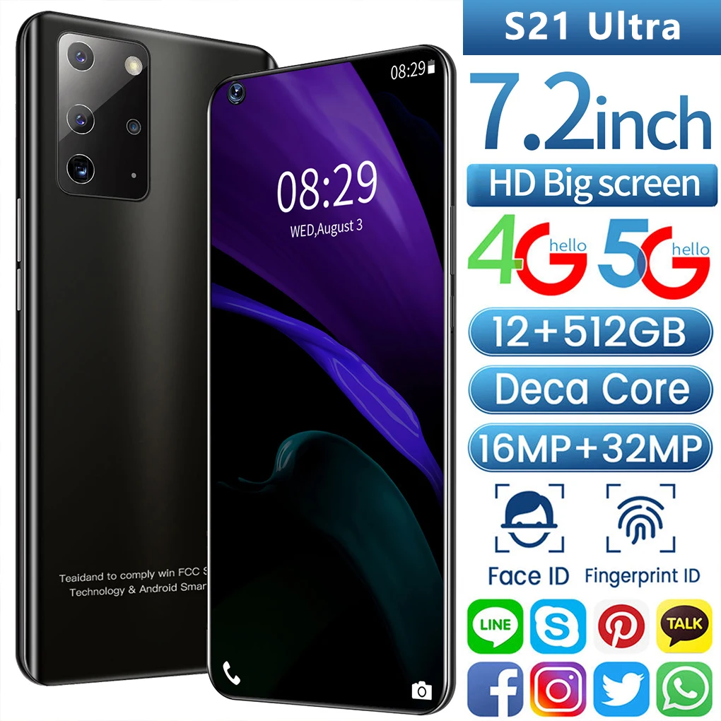 

S21 Ultra 7.2 Inch Smartphone 4G 5G Unlock 16MP+32MP 16GB+512GB 5800mAh Mobile phones Telefon Smartphone Global Version