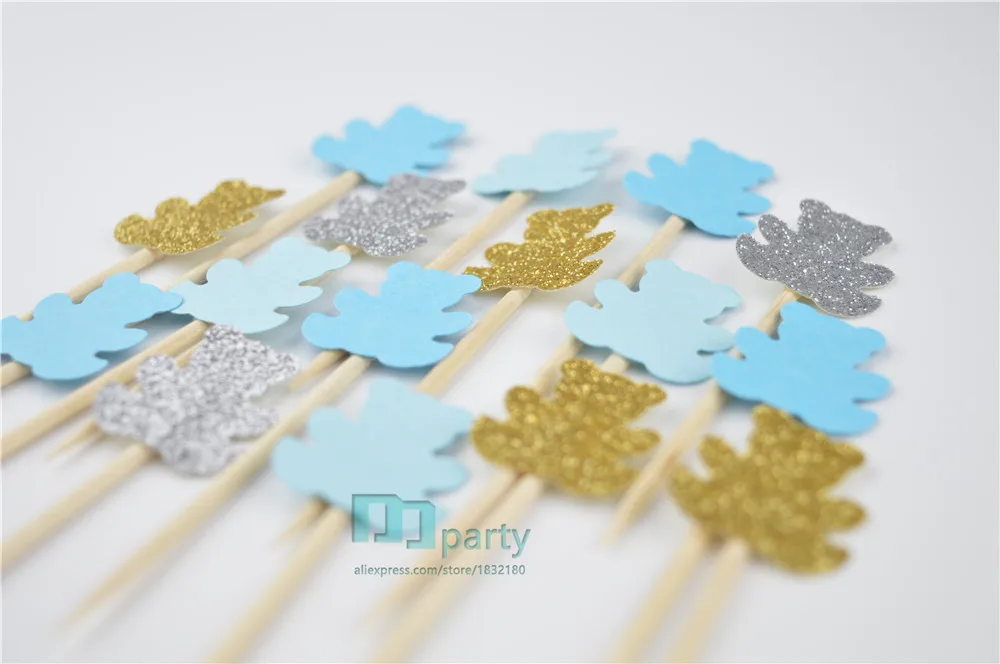 40 шт. медвежьих капкейков Детские топперы для душа синие бирки детского