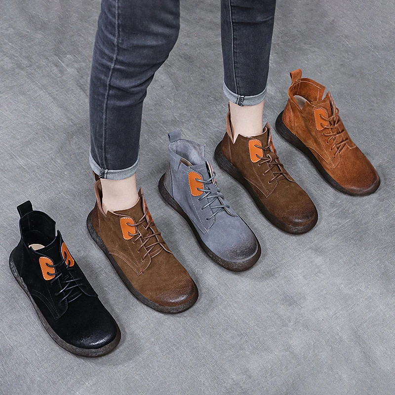 

PEIPAH 2021 Autumn Cow Suede Short Boots Women Genuine Leather Shoes for Women Lace up Platform Wedges Ankle Boots Plus Size