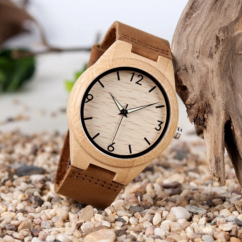 

Men's Bamboo Watches With Leather Band Japan Movement Quartz Wristwatches Ideal Gifts