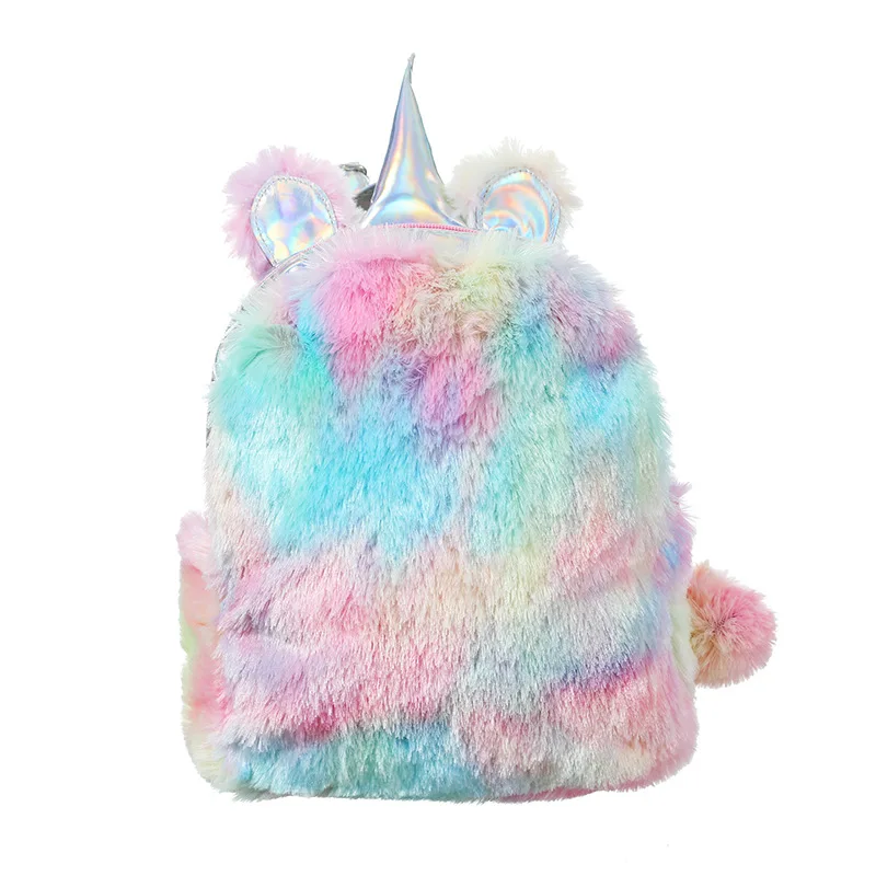 Girl Rainbow Unicorn Laser Mini Backpack Toddler Girls' Pink Plush Backpacks Silver Fluffy Glitter Bag for Girls Storage Bags