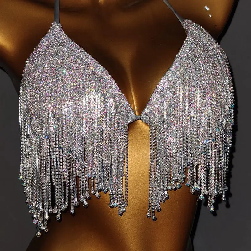 

Sexy Women Halter Low Neckline Shiny Diamante Tassel Bra Bikini Set Crop Top High Cut Bandage Panties Rave Festival Biquini Sets