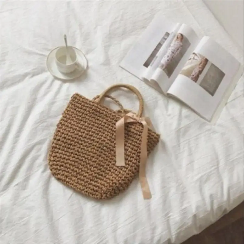 Вязаная сумочка пляжная сумка на плечо Женская тканая соломенная с бантом из