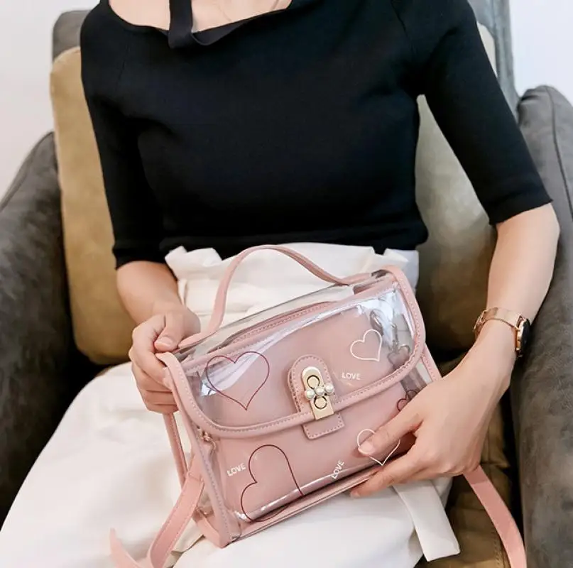 

Casual Transparent Pvc Crossbody Bags Women Sweet Two Piece Clutches Purse Day Small Handbags Female Heart Pattern Pouch