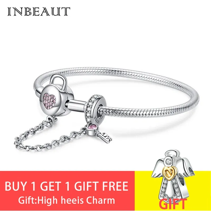 INBEAUT подходит для оригинала Pandora талисманы 925 пробы серебро розовое сердце CZ замок брелок безопасности бусины браслет для изготовления ювелирных изделий