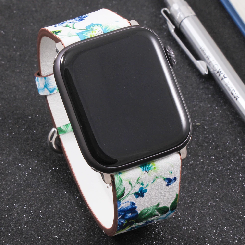 Ремешок кожаный для Apple Watch 6 5 4 3 2 1 38 мм/40 мм сменный цветочный браслет Iwatch Series 42