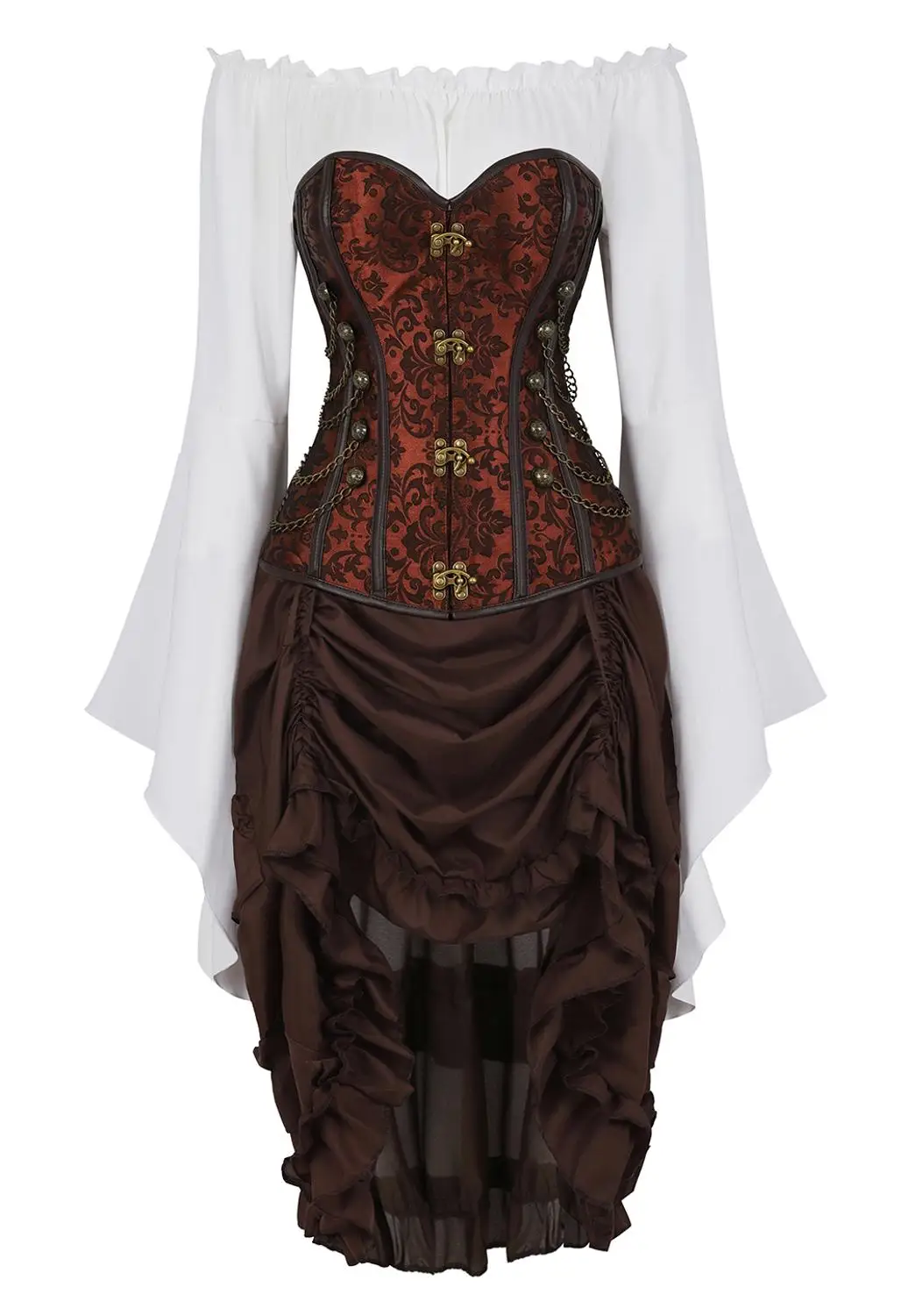 Steampunk Corset Dresss Top Skirt 3-Piece Costume Cosplay Gothic Punk Corsets Bustier Pirate Burlesque Vintage Korsett