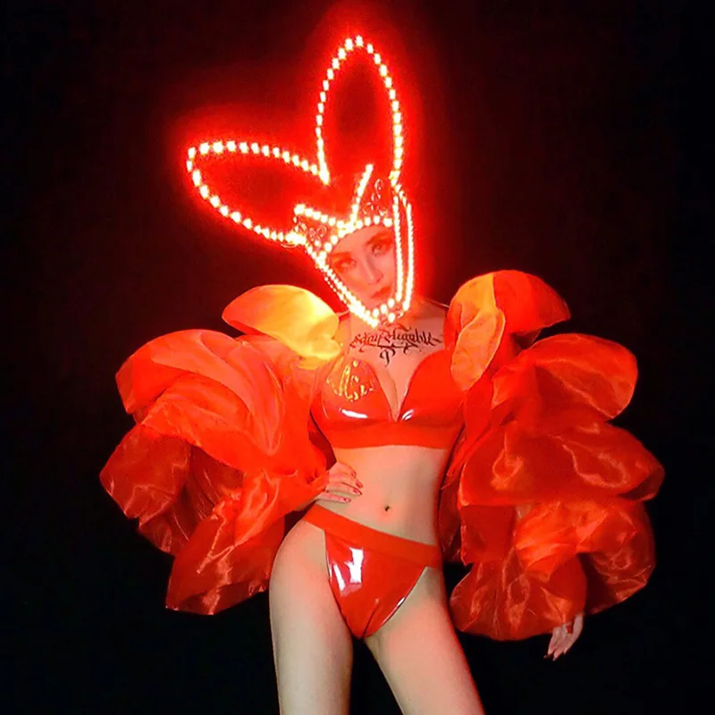 Nightclub Bar Female Singer Valentine'S Day Red Led Luminous Headdress Big Sleeve Bikini Suit Dj Ds Performance Clothing DN5902 |