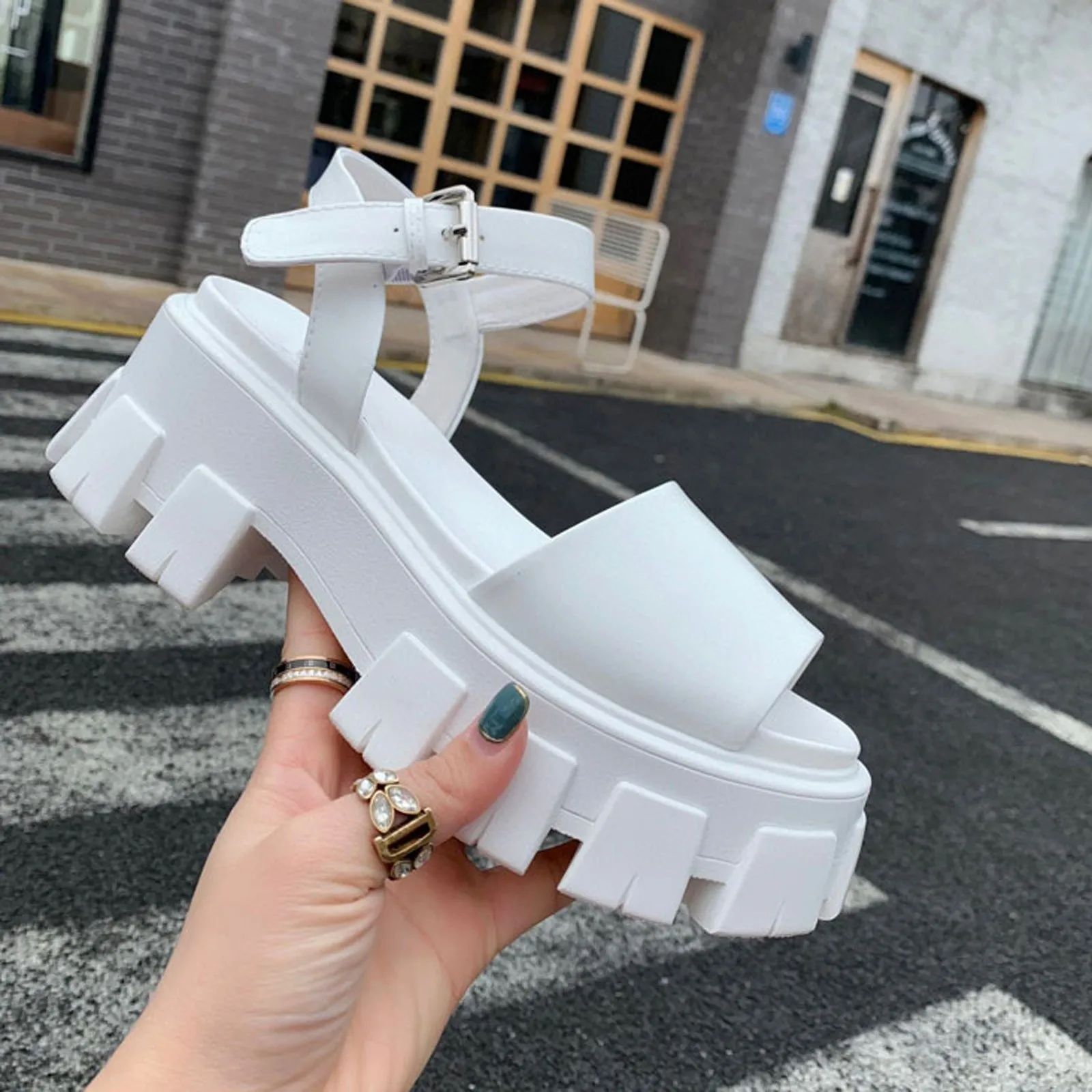 

2021 Fashion Women's Thick Bottom Buckle Strap Wedges Beach Open Toe Breathable Sandals Shoes Solid Color Thick Bottom Sandals