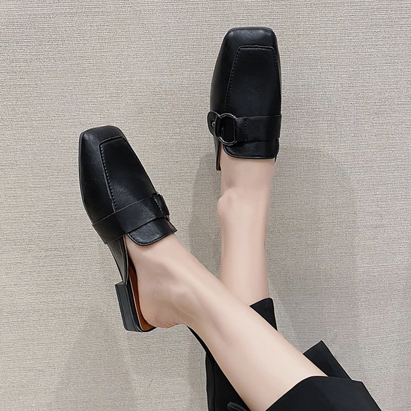 

Shoes Low Woman's Slippers Med Beige Heeled Sandals Square Toe Loafers 2021 Black Soft Block Slip-On Casual Solid Lace-Up Rubber