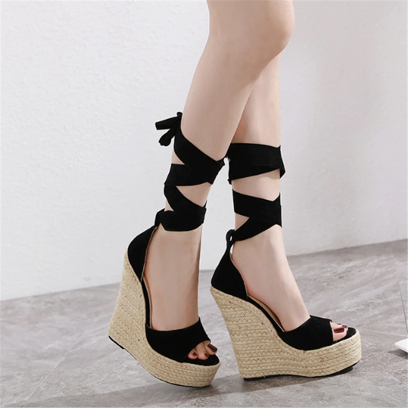 

JIANBUDAN New Wedges Women's sandals Thick bottom Rome sandals Cross tied High heels Party Pumps Women Open Toe Sandals 35-42