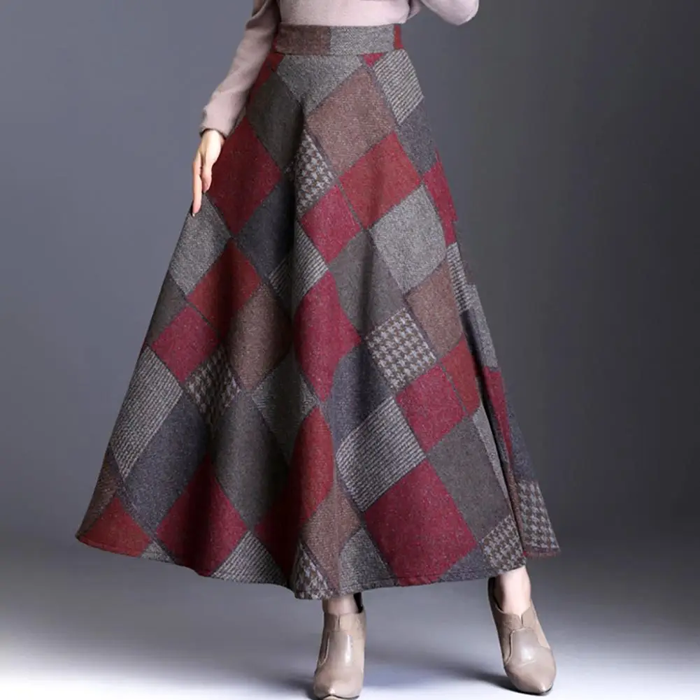 Женская шерстяная клетчатая юбка длинная осенне зимняя с высокой талией большой
