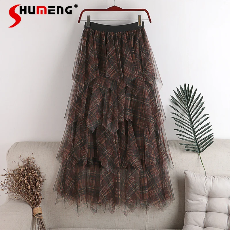

Korean Fashiom Women's Multi-Layer Mesh Plaid Stitching Midi Skirt 2022 Spring Casual Elastic Waist Pleated Long Skirts Ladies