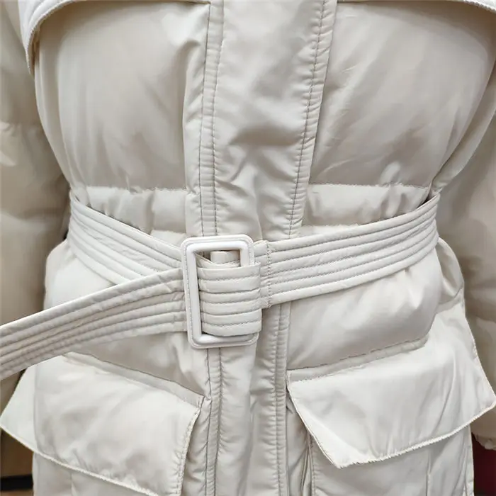 White Down Coat Winter Woman Fashion New Hooded Fur Collar Warm Thicken Cotton Clothing Casual Parkas Belt Overcoat f1401