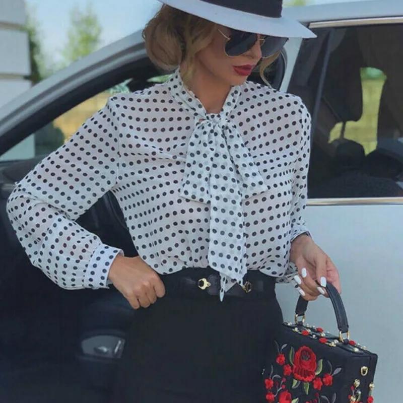 

Женская уличная блузка с бантом на шее, Повседневная Блузка в горошек с длинным рукавом, модный пляжный топ для отдыха, 2019