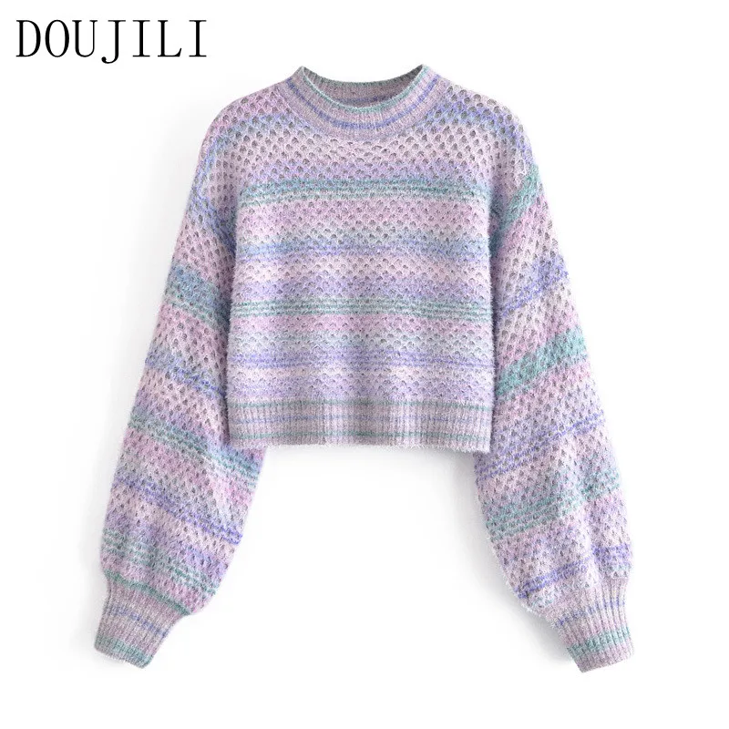 

DOUJILI Women Fashion Tie Dyed Knitted Sweater Round Neck Jumper Female Long Sleeve Oversize Pullovers Tops