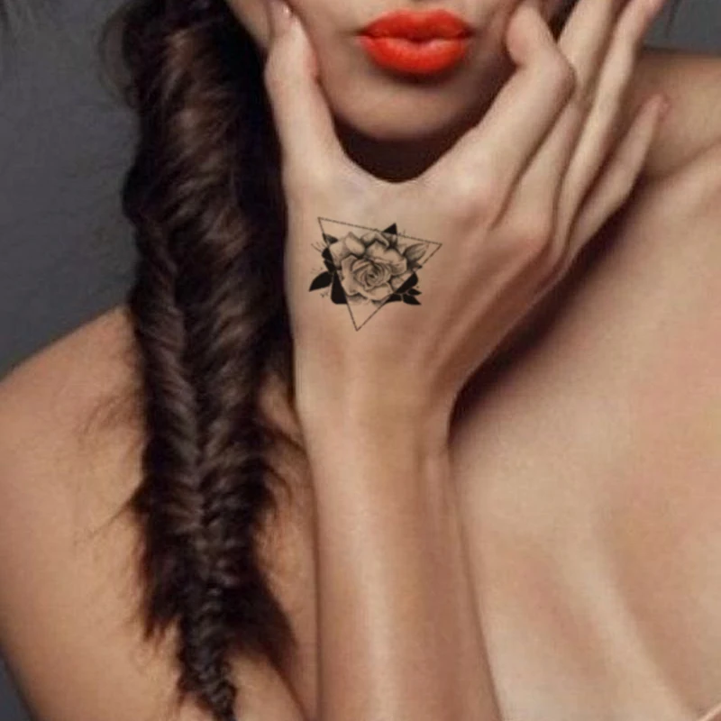 

Color Feathers Temporary Tattoos for Men Women Black Rose Tatto Sticker Geometry English Letter Fake Tatoos Minimalist Hands Arm