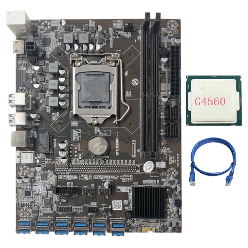 Материнская плата для майнинга B250C с ЦП G4560 + кабель RJ45 3 метра ОЗУ 12XPCIE на USB3.0 слот