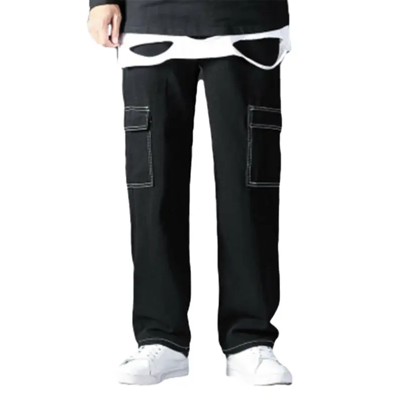 

Mens Jeans Casual Work Pants Denim Straight Wide Legs Pants Summer 2021 Pockets Solid Color Male Trousers Loose Fashion Clothes