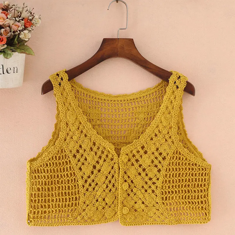 Женский ТРИКОТАЖНЫЙ УКОРОЧЕННЫЙ ТОП однотонный вязаный короткий жилет летний