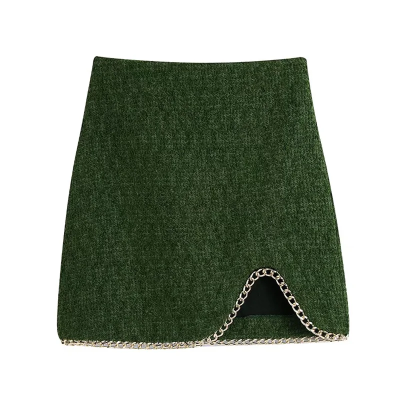 

Woman Elegant Green Irregular Zipper Tweed Skirt 2021 Autumn Female Chain Patchwork Skirts Ladies Causal High Waist Skirts