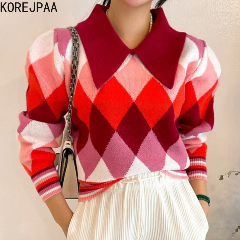 

Korejpaa Causal Argyle Sweaters Women Peter Pan Collar Puff Sleeve Knitted Pullover Outwear Elegant Korea Autumn Winter Tops