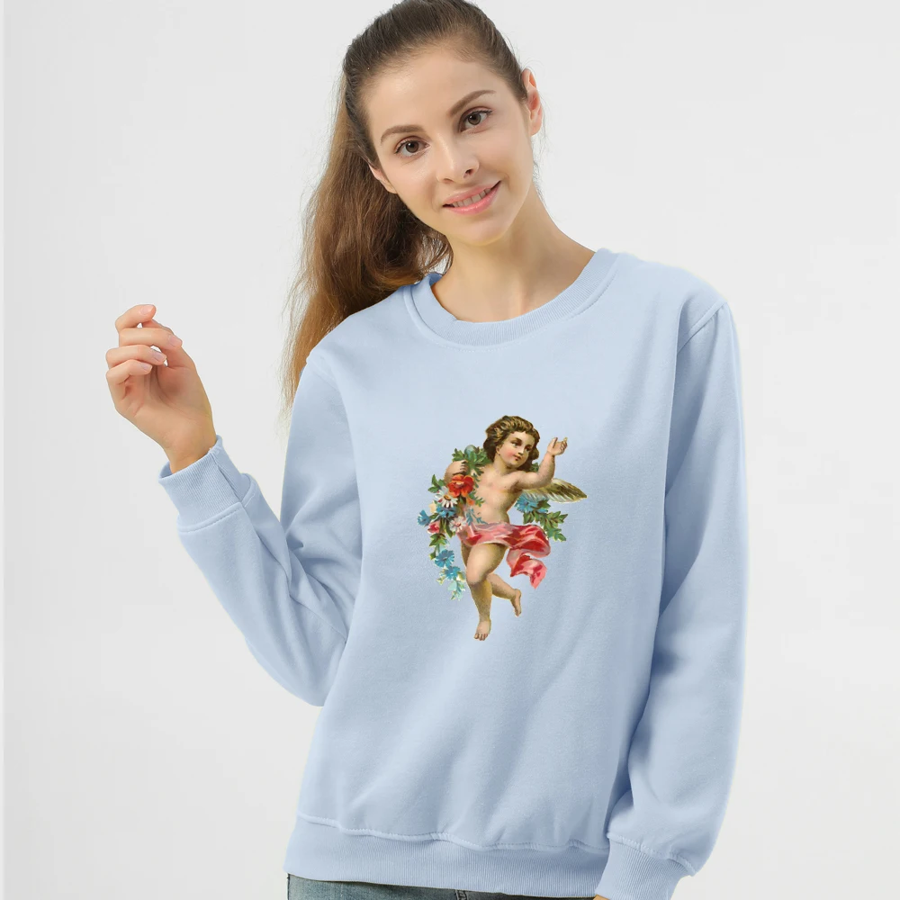 Cute Angel Baby Printed Vintage Style Sweatshirts Warm Pullover Women Fashion Aesthetic Graphic Hoodies Womens Sweetshirts Hoody