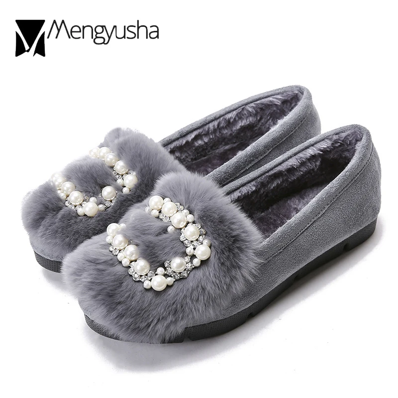 Из флиса на плоской подошве Зимняя женская обувь с кристаллами меховые Мокасины