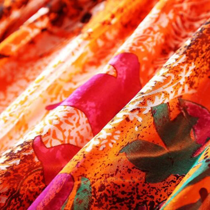 

2021 Women Clothing 100% Silk Beach Dress Summer Natural Fabric High Quality Orange Printed Strapped dresses Long Hot Selling
