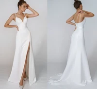 sexy satin mermaid wedding dress side slit thin straps backless simple plain bridal gown mariage vestidos de noiva