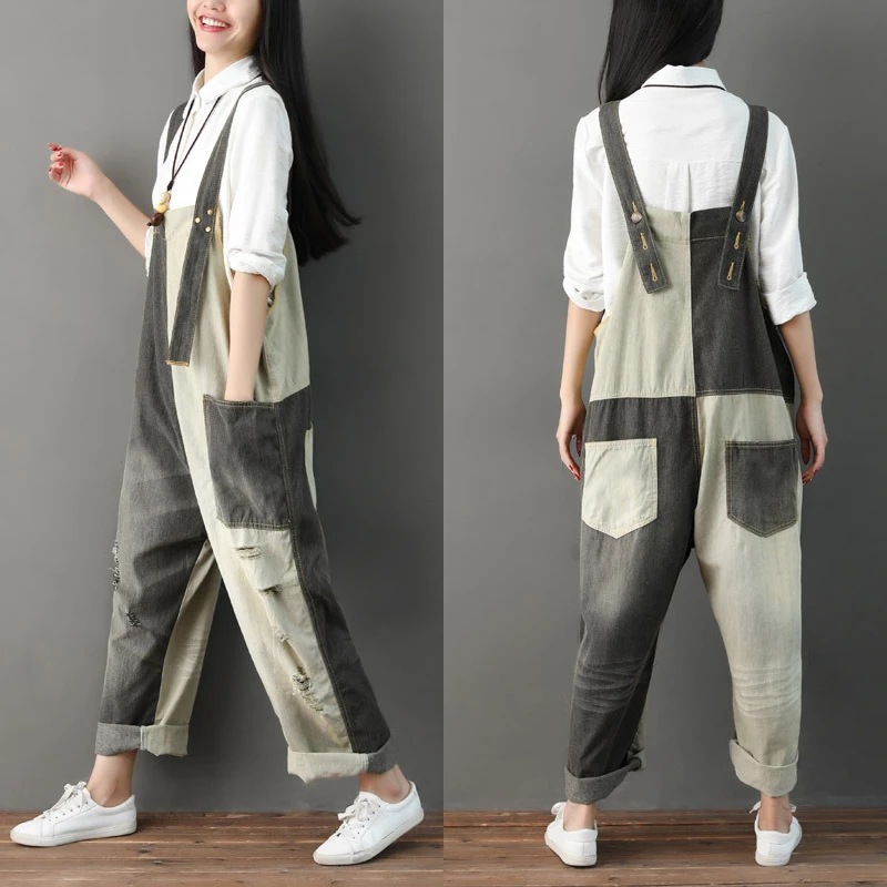 Women Dungarees Jumpsuit Patchwork Ripped Jeans Denim Romper Vintage Suspender Overalls Summer Harem Pants Block Color Jump Suit | Женская