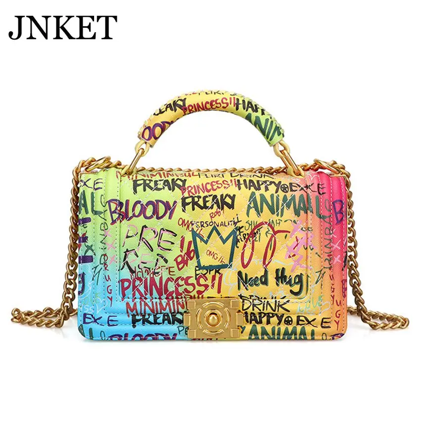 JNKET New Women's Graffiti Handbag Chain Shoulder Bag Tote Bag Ladies Sling Bag Casual Crossbody Bags