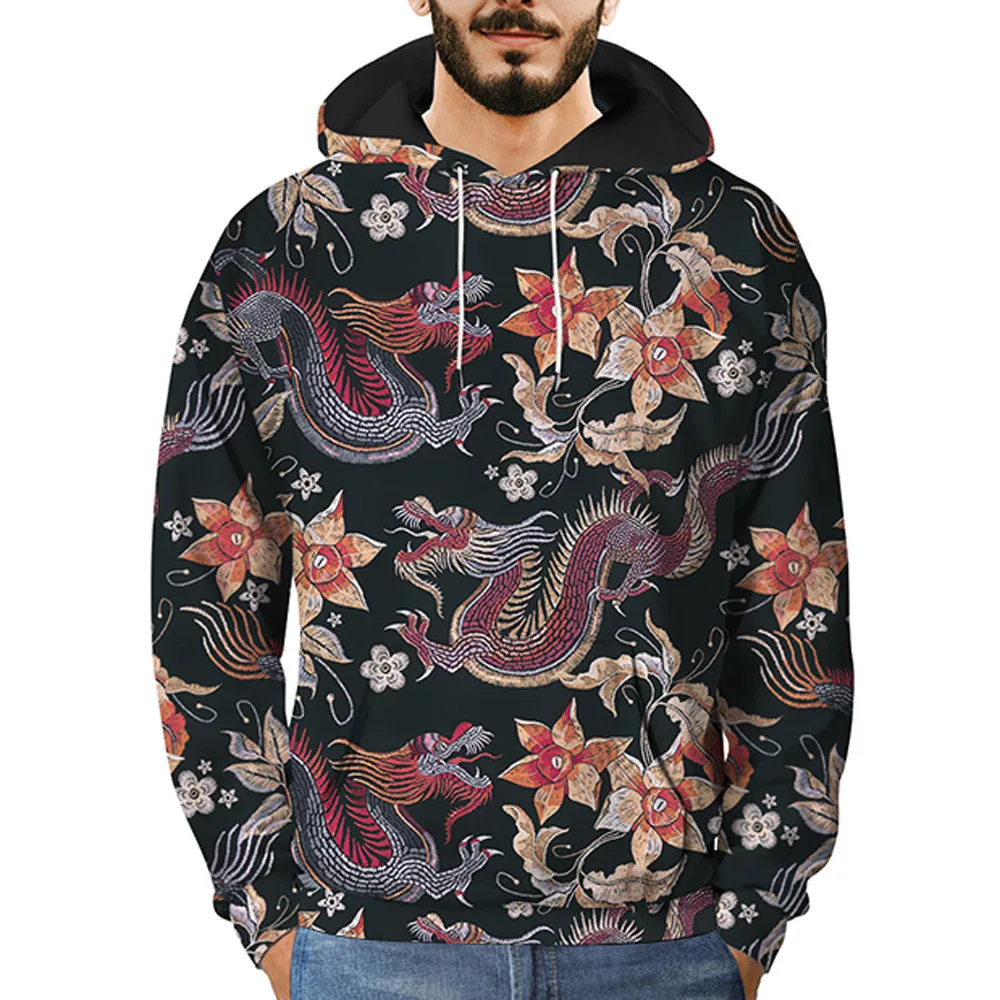 Мужской пуловер с 3D принтом дракона длинный рукав толстовка капюшоном топы