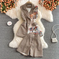 fashion quality color match girls plaid suits women sleeveless vest coat two piece set high waist shorts for work casual