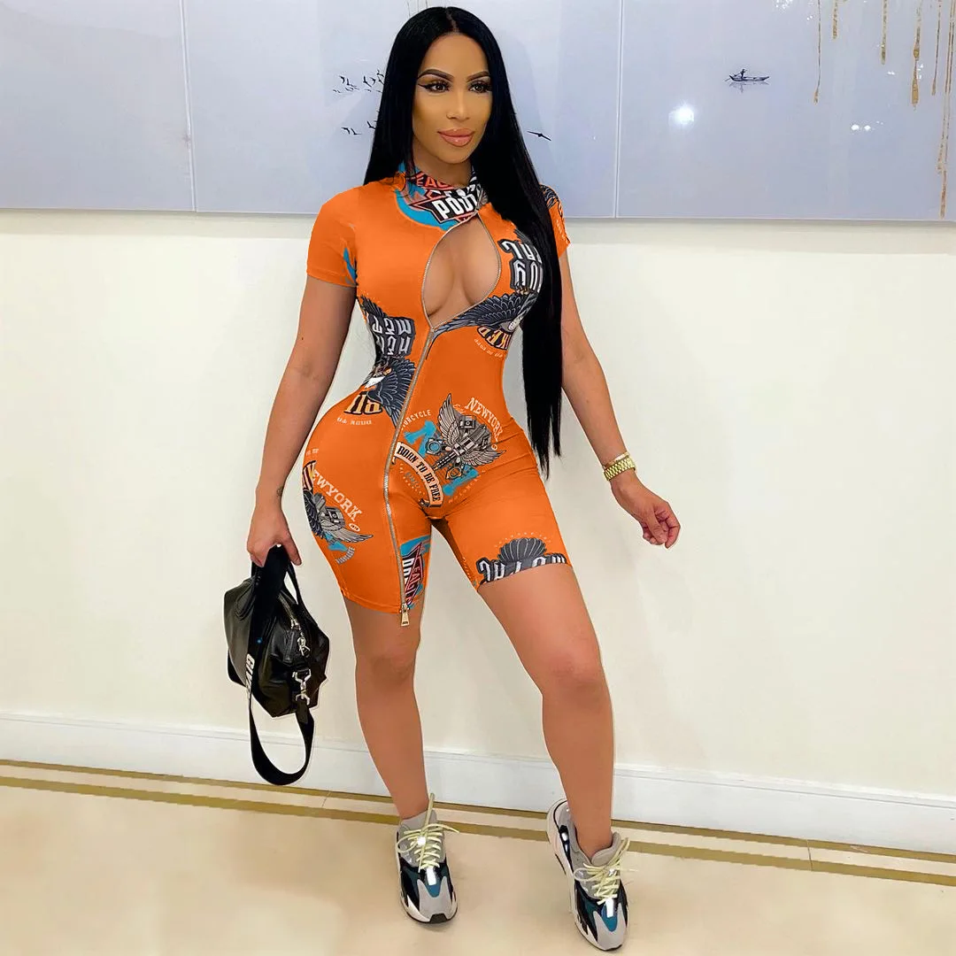 Женский комбинезон с принтом Облегающий круглым вырезом и коротким рукавом для