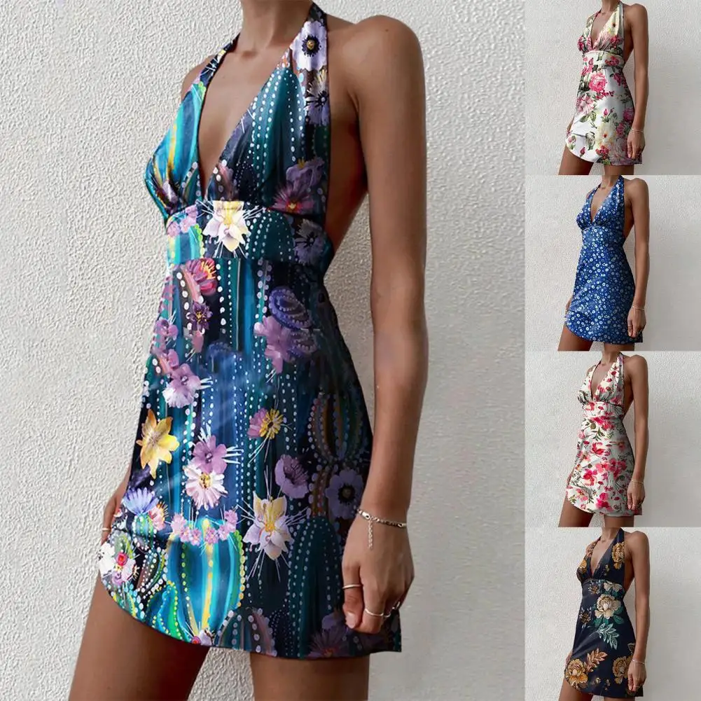 

Hot Sales!!Sexy Women Dress Sleeveless Backless Floral Print Deep V Neck Halter Backless Mini Dress for Party
