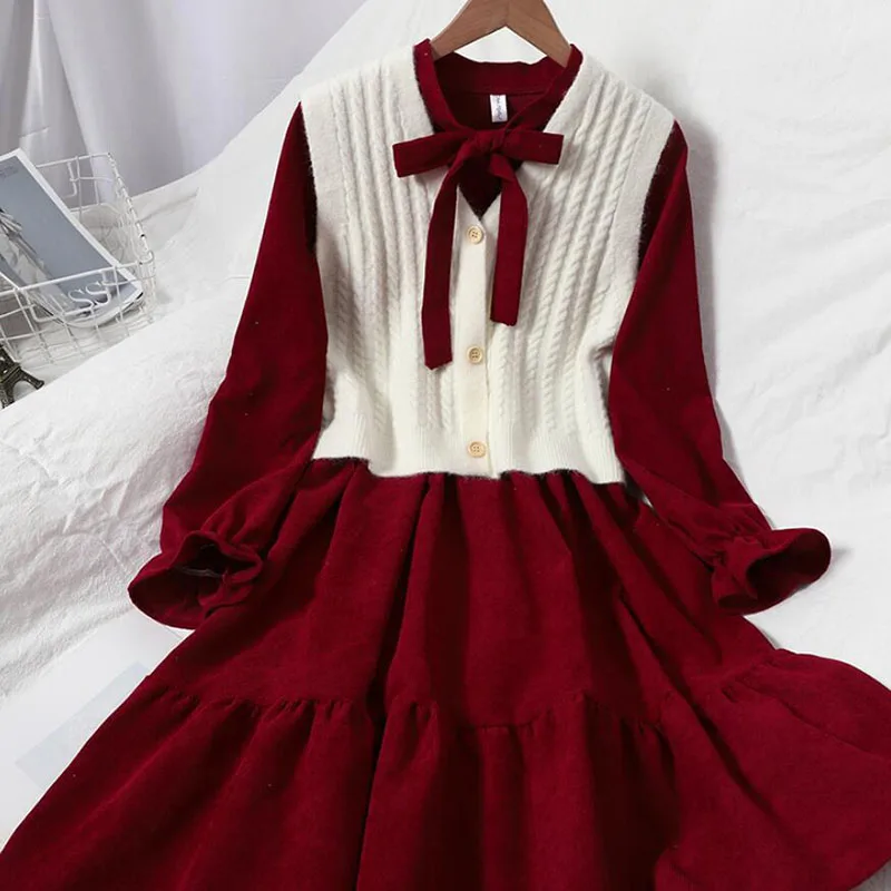 

2021 Sweet Ruffle Two Pieces Suit Women Dress Spring Autumn Bow Long Sleeve Corduroy Dress + V-neck knitted Vest Suit