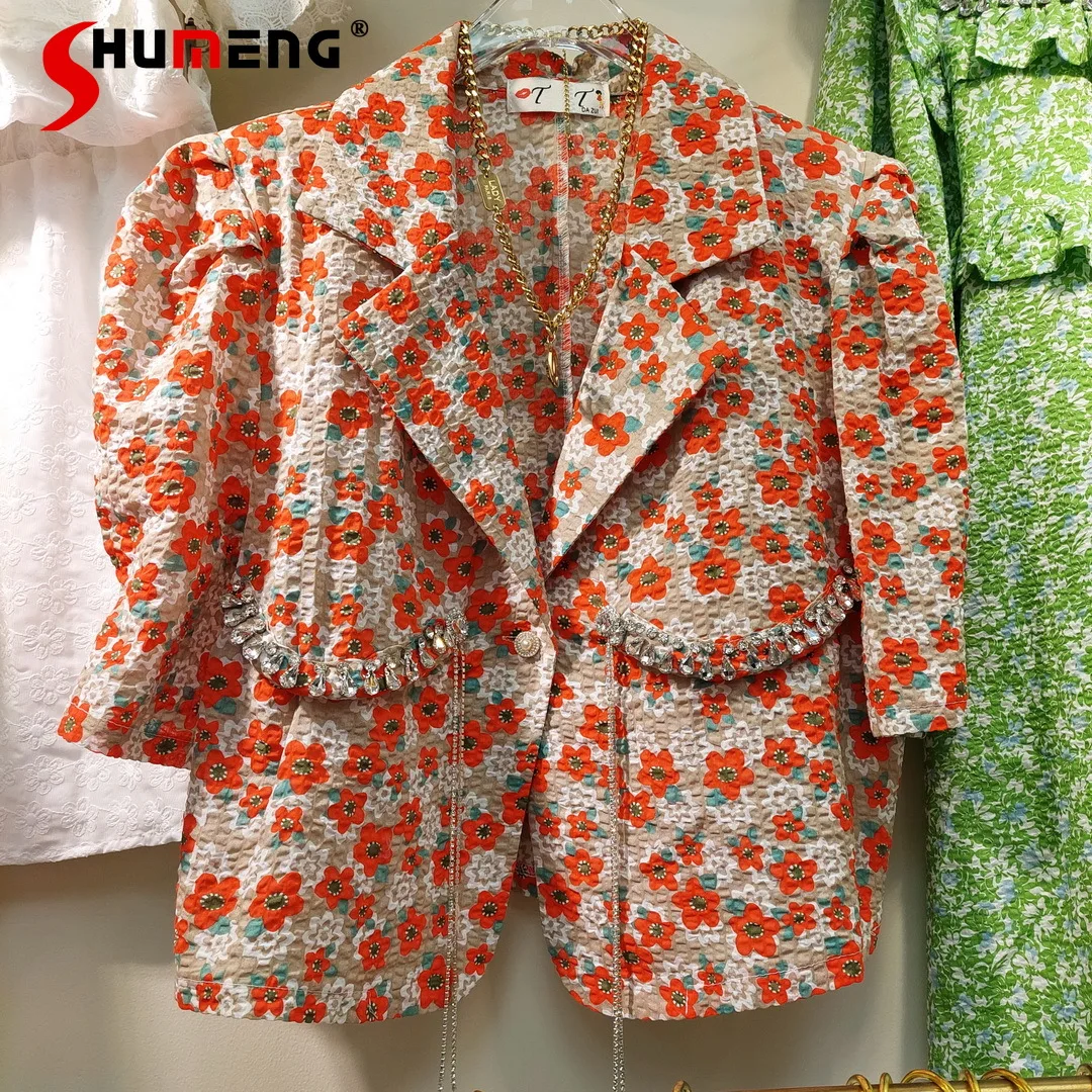 

Fashion Orange Flat Diamond Tassel Suit Jacket Women's 2021 Summer New Puff Sleeve Single Button Blazer for Ladies