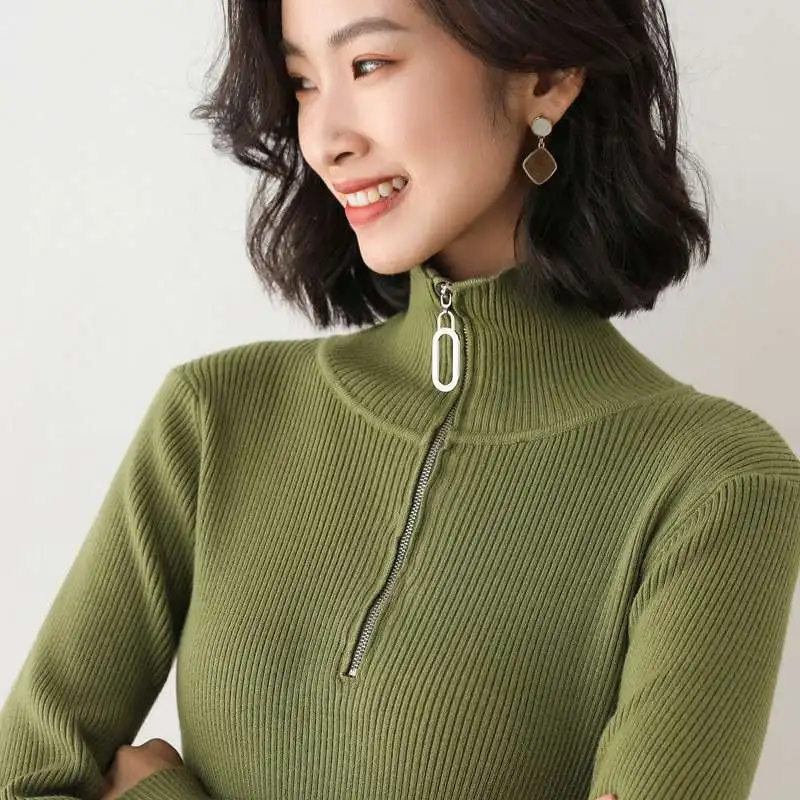 

Autumn/winter knitted temperament zipper high collar women bottomed slim Sweater