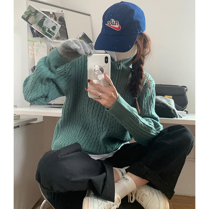 

Женский утепленный свитер на молнии, Свободный пуловер с отложным воротником, в Корейском стиле, Осень-зима 2021