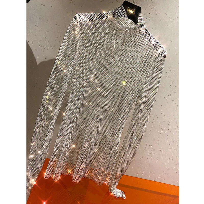 New Crystal Hollow out Top Shiny Long-Sleeved Turtleneck Blusa Shirt Sexy Slim Mesh Rhinestone Shirt Evening Party Top Shirts