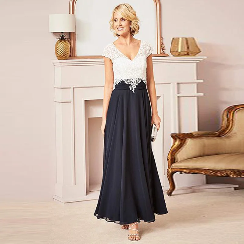 

New Arrival Contrast Color White/ Black Mother Dresses Short Sleeves V-neck Lace Chiffon Ankle Length Mother Of the Bride Dress