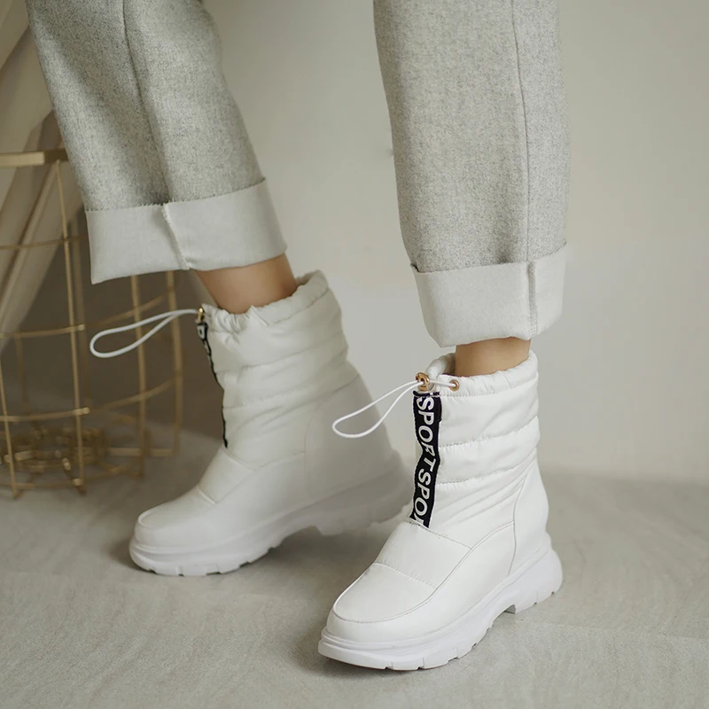 Winter Female Ankle Booties Concise PU Patchwork Down Drawstring Warm Plush Black White Wedges Shoes Women Waterproof Snow Boots