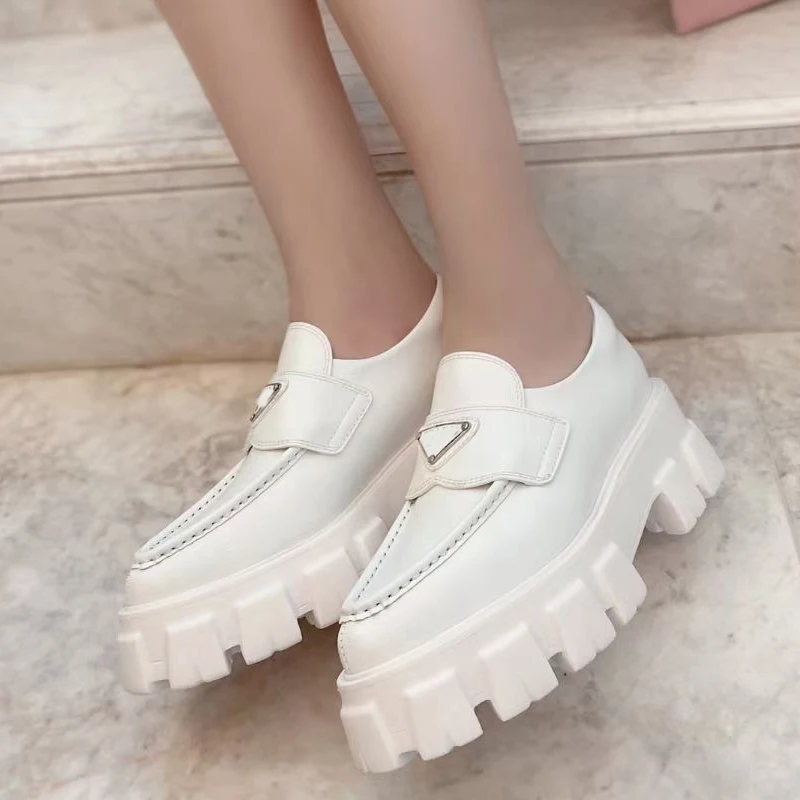 

2021 New Spring Brand Design Woman Solid Black Leather Loafers Casual Women's Shoes Thick-soled Slip On Shoes Platform Heels