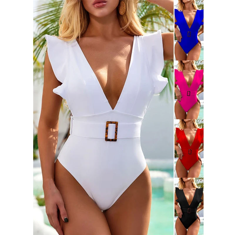 Swimwear Sexy Ruffle Bathing Suits Deep V High Cut Push Up Backless One Piece Swimsuits For Women 2022