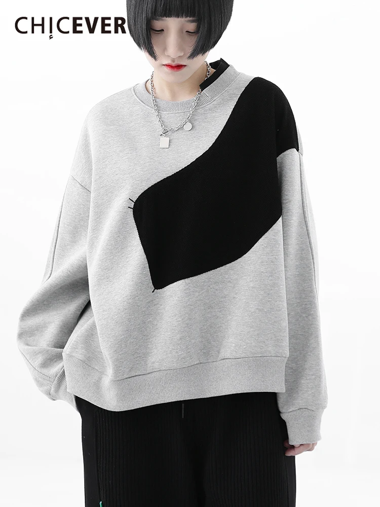 

CHICEVER Повседневная Лоскутная Толстовка с принтом для женщин, круглый вырез, длинный рукав, двухцветные свободные свитера для женщин, осень ...